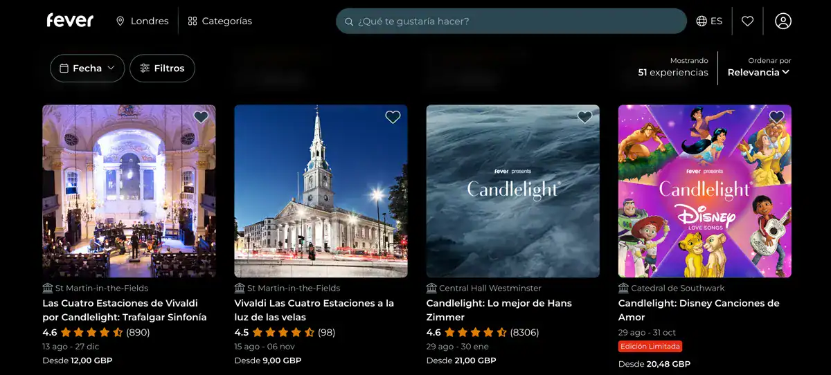 Listado de conciertos Candlelight en Londres con los precios desde 9 y 12 libras