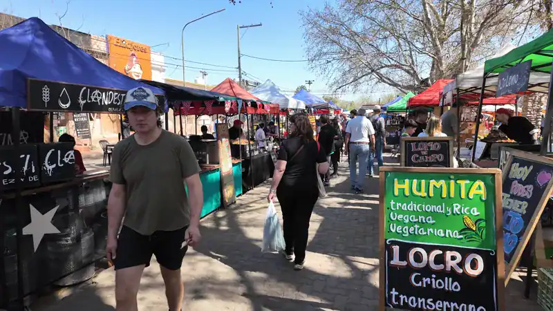 Puestos de comida de la feria de Villa de las Rosas con cartel de humita vegana